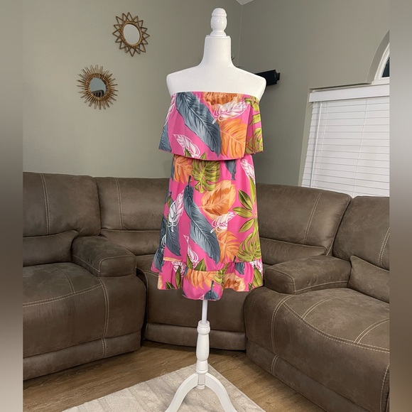 NEW Pink Tropical Strapless Ruffle Dress Sz L Large - Picture 4 of 8